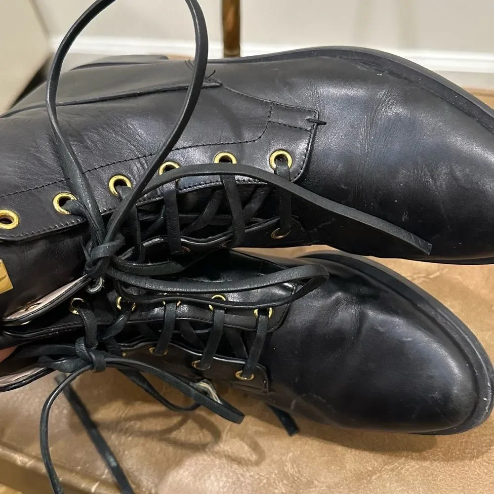 Stuart Weitzman Womens Black Leather Ryder Boots Gold Rockstud Lace Up Sz 8W - Picture 3 of 6